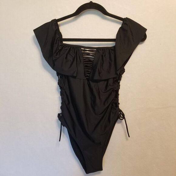Tinibikini S Swimsuit One Piece Black Lace Up Sides On/off Shoulder Ruffle - Picture 1 of 9